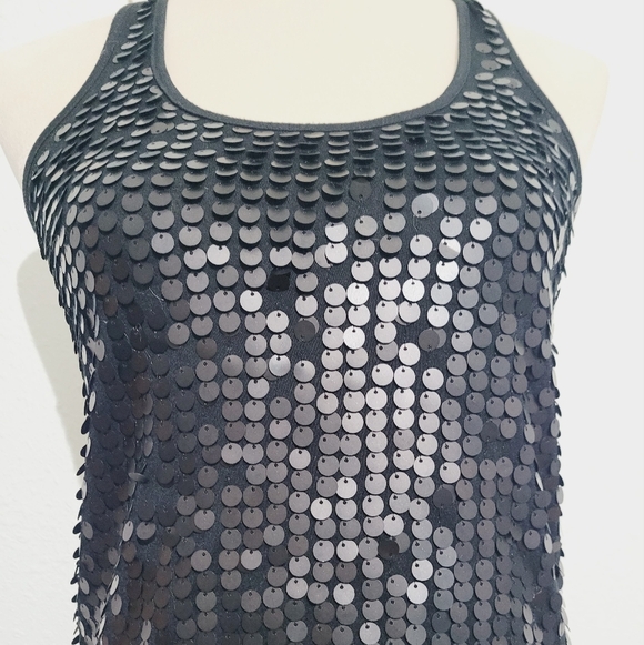 Almost Famous Womans Size M Black Racerback Tank top Sequin Sparkly Embellished - Picture 2 of 10